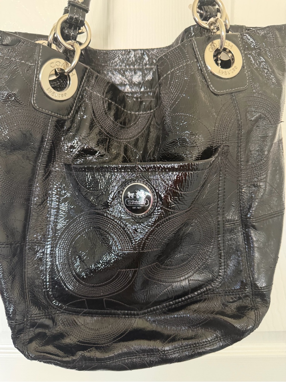 Coach Black Patent Leather Logo Tote with Front Pocket and Silver Hardware - Picture 3 of 10
